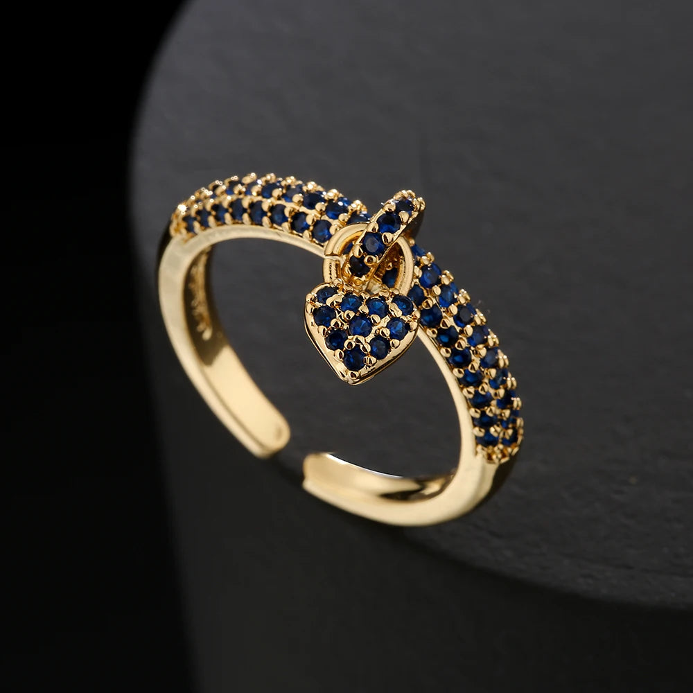 NEWBUY Fashion Bunte Zirkonia Pavé-Fassung Hochzeitsschmuck 2024 Trendiger Goldfarbener Herzanhänger Fingerring für Damen