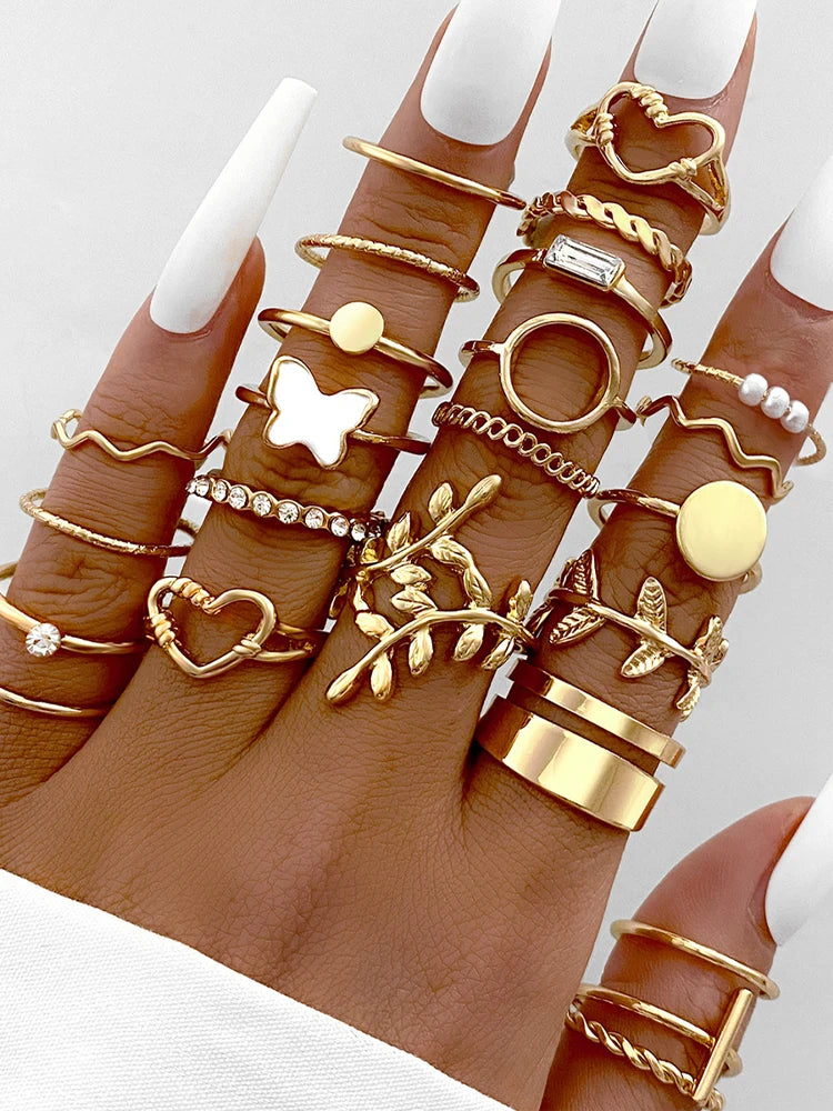 28tlg. Modischer Ring-Set für Damen, herzförmiges Design, geometrisches böhmisches Element, Akzentring, Alltag, Dating, Party Schmuck 2025