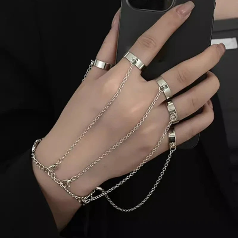 Punk Geometrische Schwarze Farbe Kette Armband Ring Für Frauen Männer Offener Ring Silber Gliederkette Mädchen Cooles Design Modeschmuck