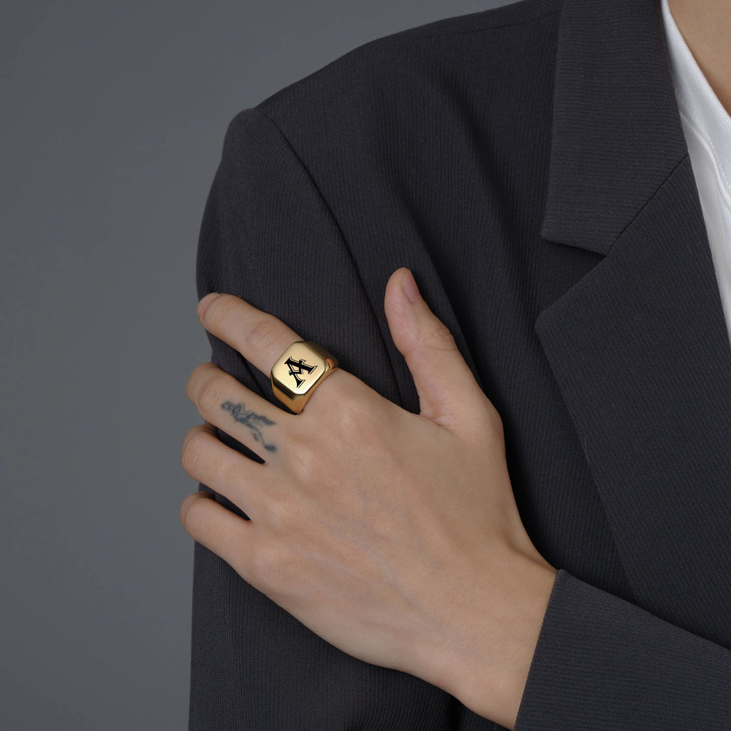 Personalised Initial Engrave A to Z Alphabet Stainless Steel Signet Blank Plain Ring Band High Polished Gold Color Tone U.S.Size