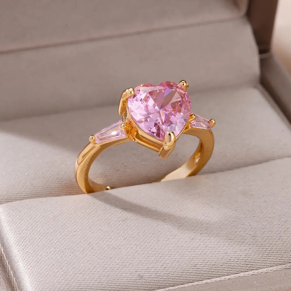 Rosafarbene Zirkon-Herzringe für Damen Vergoldeter Edelstahl Verstellbarer Herzring 2023 Trend Hochzeits-Ästhetik Schmuck Geschenk
