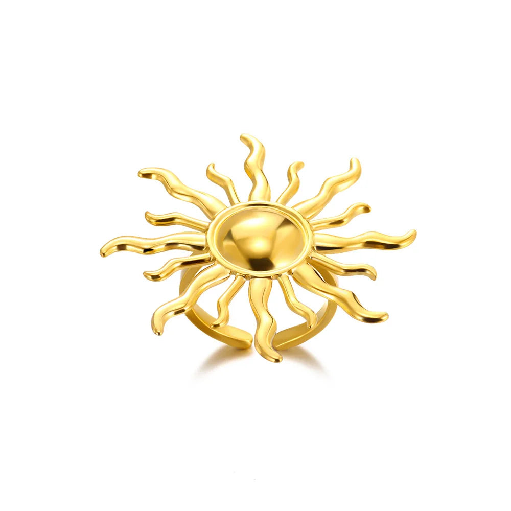 Überzogene Sonnenringe für Damen, goldfarben, Edelstahl, verstellbarer Sonnenring, modisches Jubiläumsparty-Glücksschmuckgeschenk