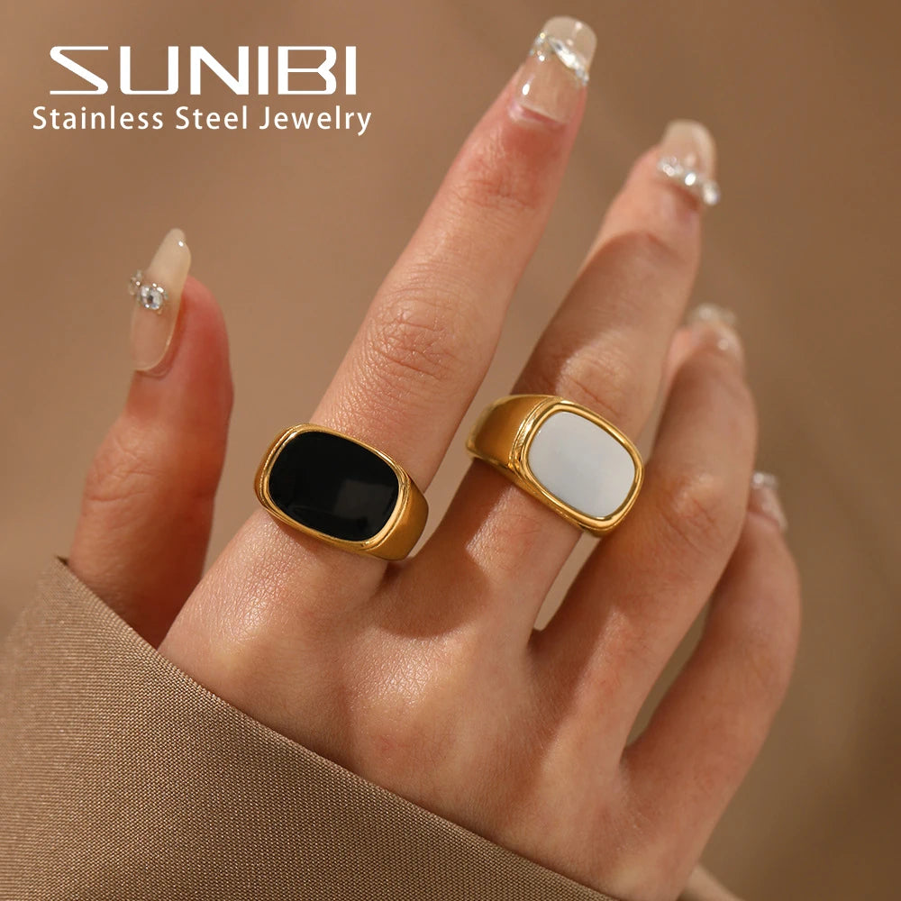 SUNIBI Anillo Cuadrado Vintage de Concha para Mujer, de Acero Inoxidable Color Oro Blanco, Anillo Grueso Grande, Accesorios de Joyería para Fiesta, Regalo de Cena