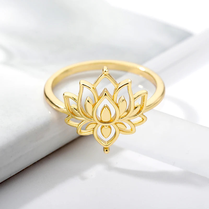 Lotusblume Ringe für Damen Edelstahl Goldfarbe Hohlring Mode Hochzeit Party Ästhetischer Schmuck Geschenk anillos