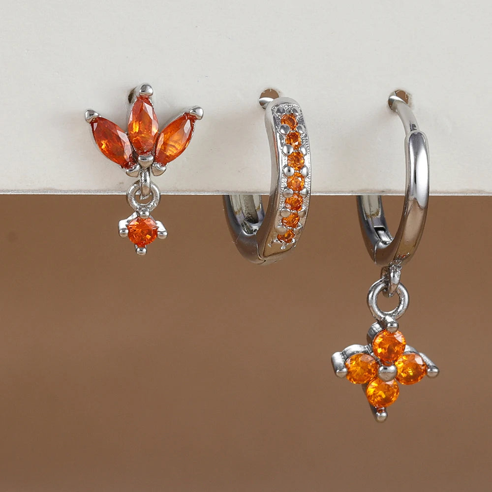 3 Paar modische orange-blaue Zirkon-Hängeohrringe für Damen, Edelstahl-Blumen-Baumelohrringe, Piercing-Schmuckset