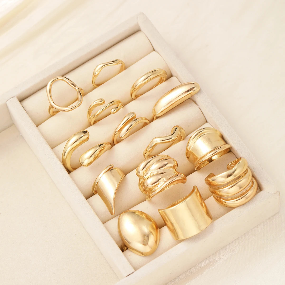 14Pcs/Set Vintage Glatte Offene Ringe Set für Frauen Geometrische Kreative Unregelmäßige Goldfarbe Fingerringe Trendiger Täglicher Schmuck Geschenk