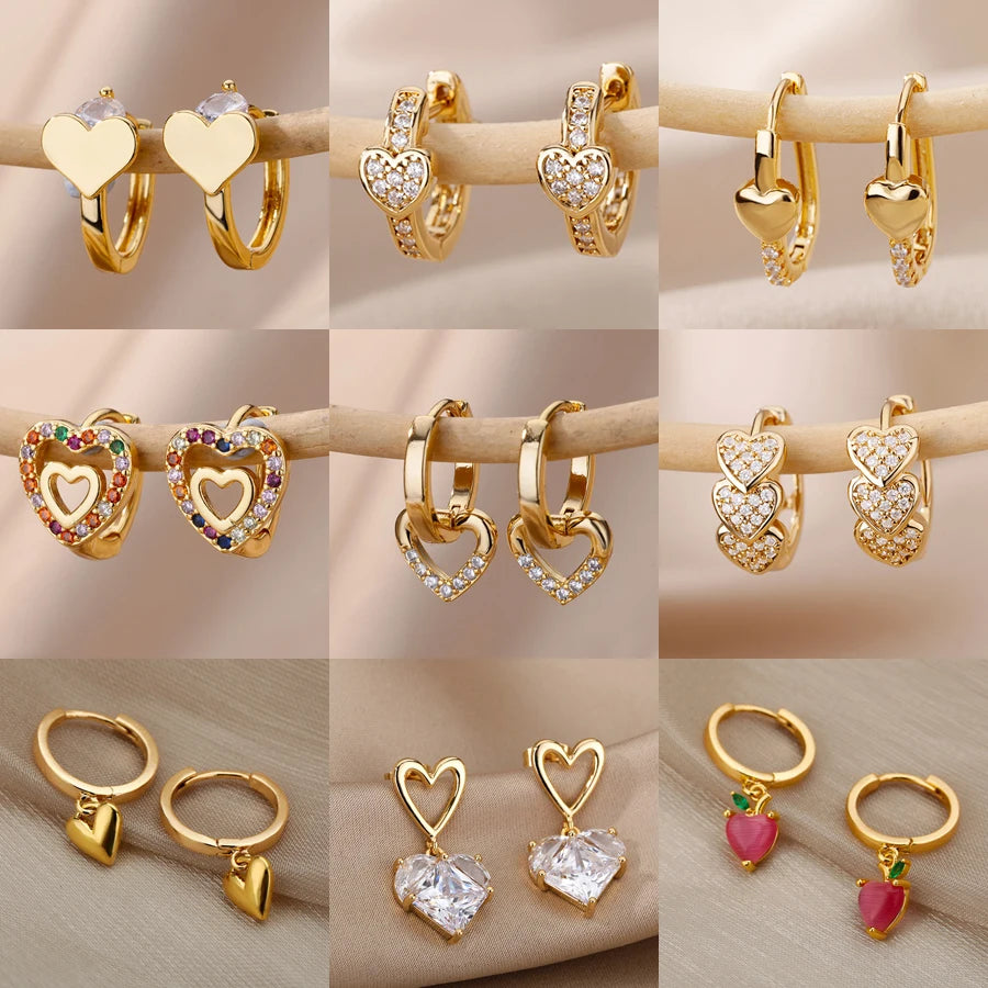 Zirkon Herz Ohrringe für Damen, Edelstahl, goldfarben, Piercing-Ohrringe, Trendschmuck 2025, Aretes, Accessoires für Frauen