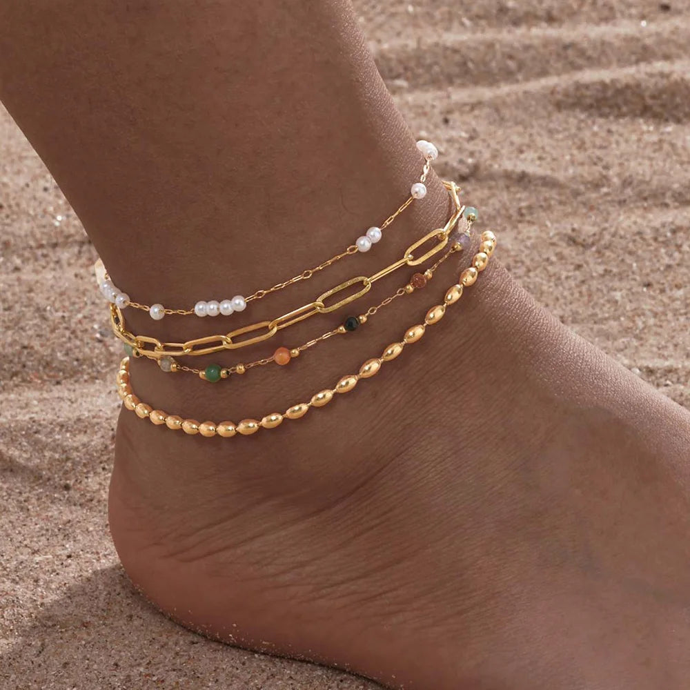 Edelstahl-Perlen-Fußkettchen für Frauen, 18k vergoldete Fußkette, verstellbare, stapelbare Armbänder als Beinschmuck