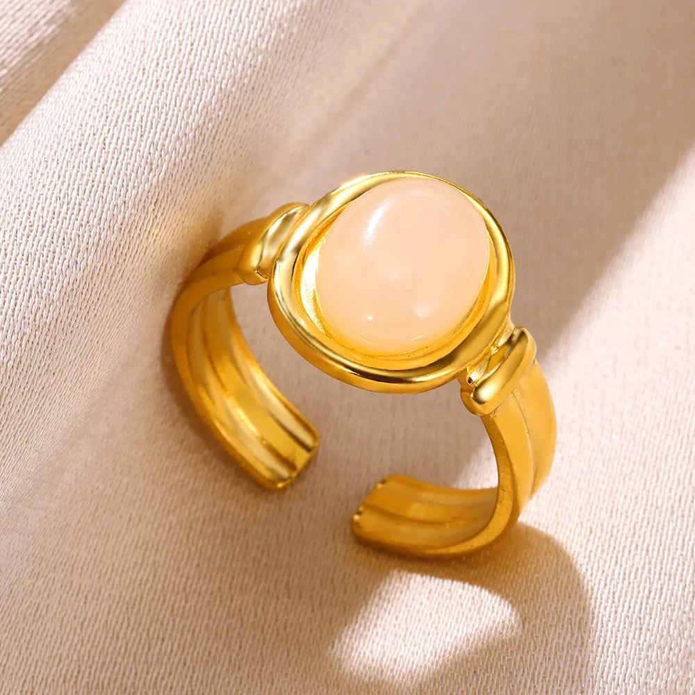Vintage Ovale Opalringe für Damen Goldfarben Edelstahl Verstellbar Naturstein Verstellbarer Ring Ästhetischer Hochzeitsschmuck