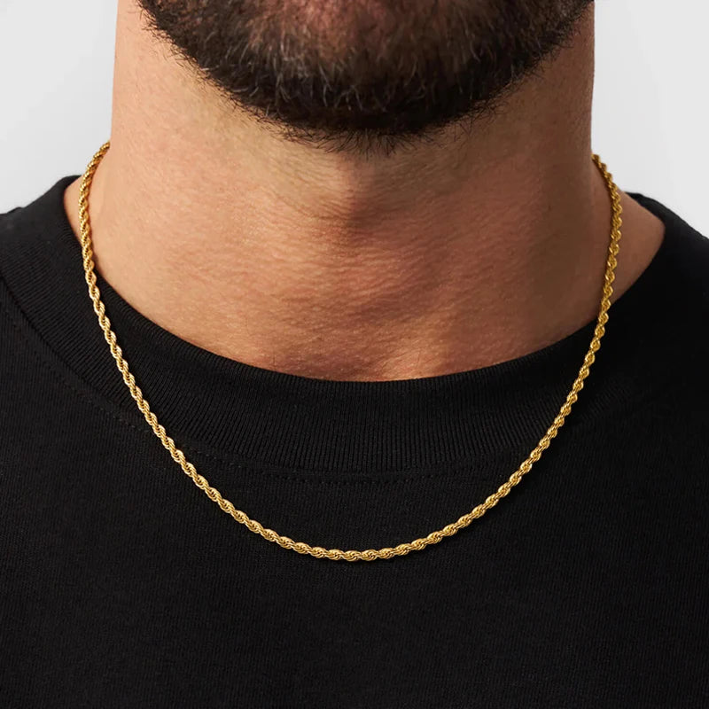 Cadena de cuerda clásica impermeable de 3 mm de acero inoxidable chapado en oro de 18 quilates para hombre y mujer, accesorios de joyería