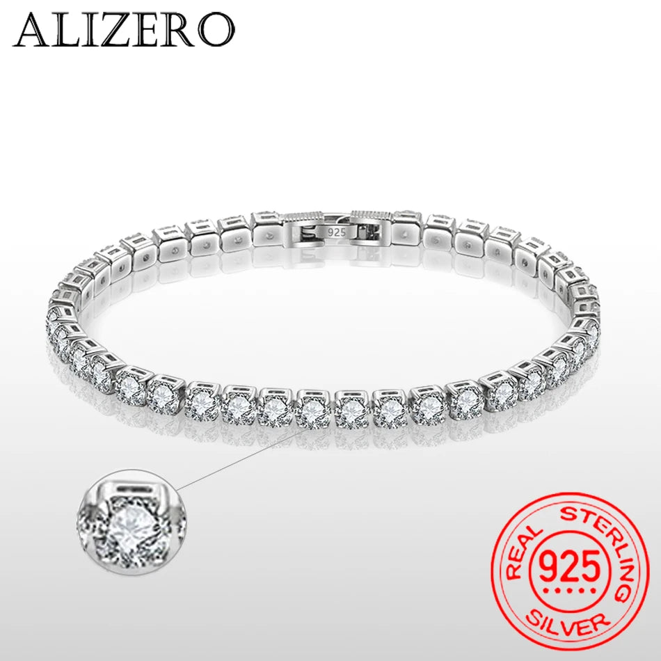 ALIZERO S925 Sterling Silber Armband Zirkonia Tennis Ball Damen Mode Schlicht Verlobung Hochzeit Charme Schmuck 4mm 16-23cm