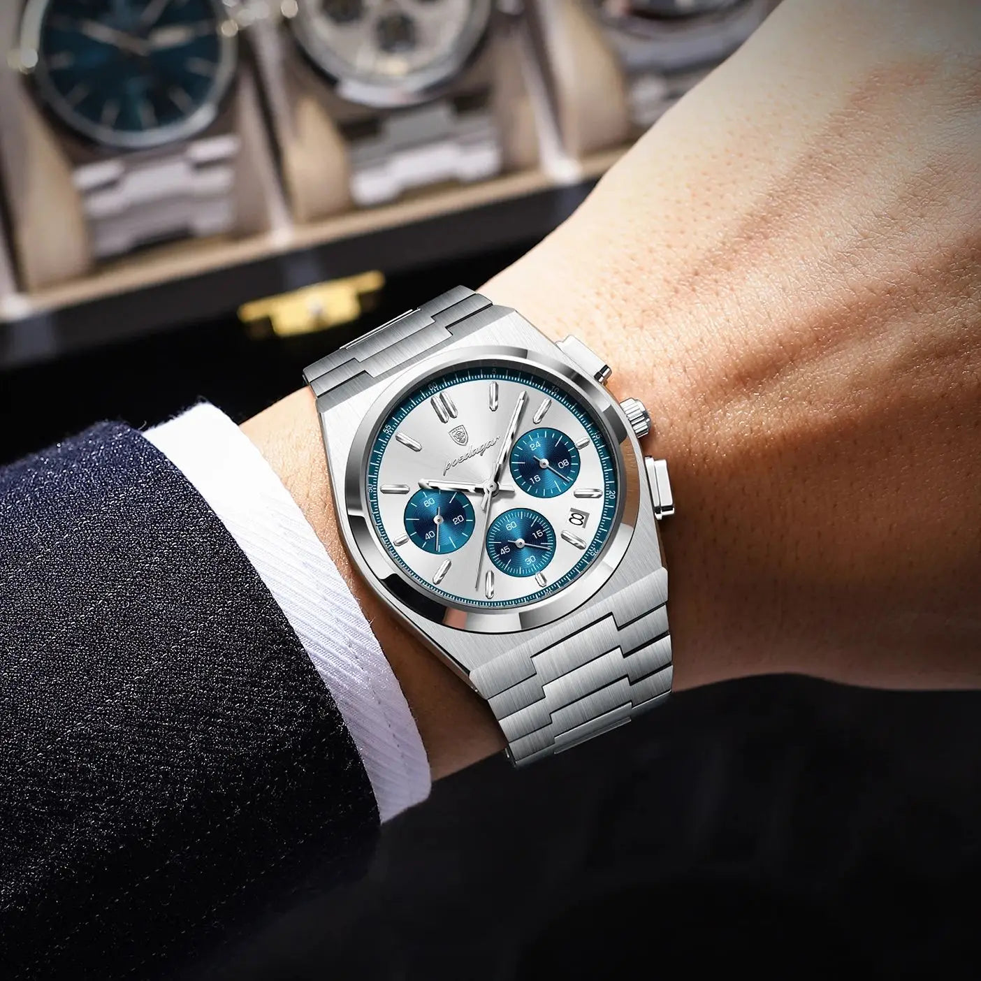 POEDAGAR Reloj de Lujo para Hombre Cronógrafo Fecha Acero Inoxidable Deporte Reloj de Pulsera para Hombre Impermeable Luminoso Moda Relojes de Cuarzo para Hombre