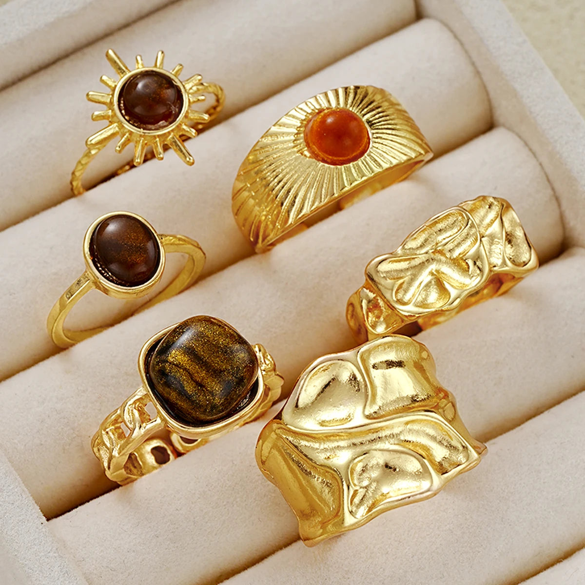 6er-Set Vintage Sonnenblumen Tigerauge Steinringe für Damen Unregelmäßige Goldfarbe Ästhetische Offene Ringe Modeschmuck Geschenke 2025