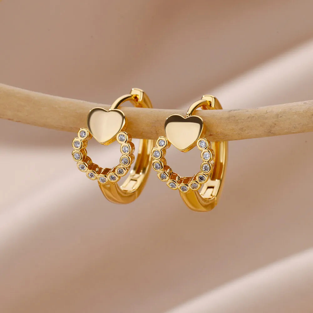 Herz Edelstahl Ohrringe für Frauen Zirkon Goldfarbe Creolen Ästhetische Wasserdichte Ohrpiercing Schmuck Accessoires