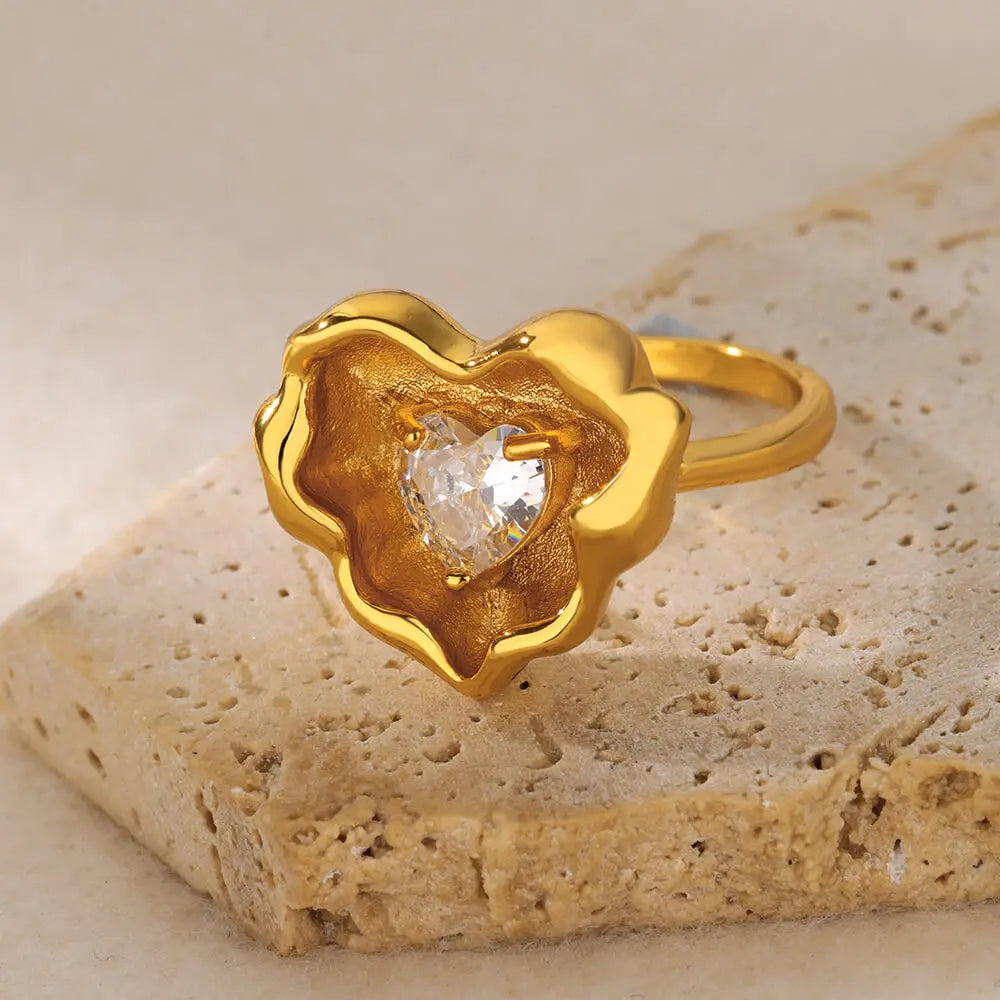 Goldfarbene Edelstahl Geometrische Ringe für Frauen Zirkon Herz Sonne Mond Offener Ring Mode Ästhetischer Schmuck Hochzeitsgeschenk