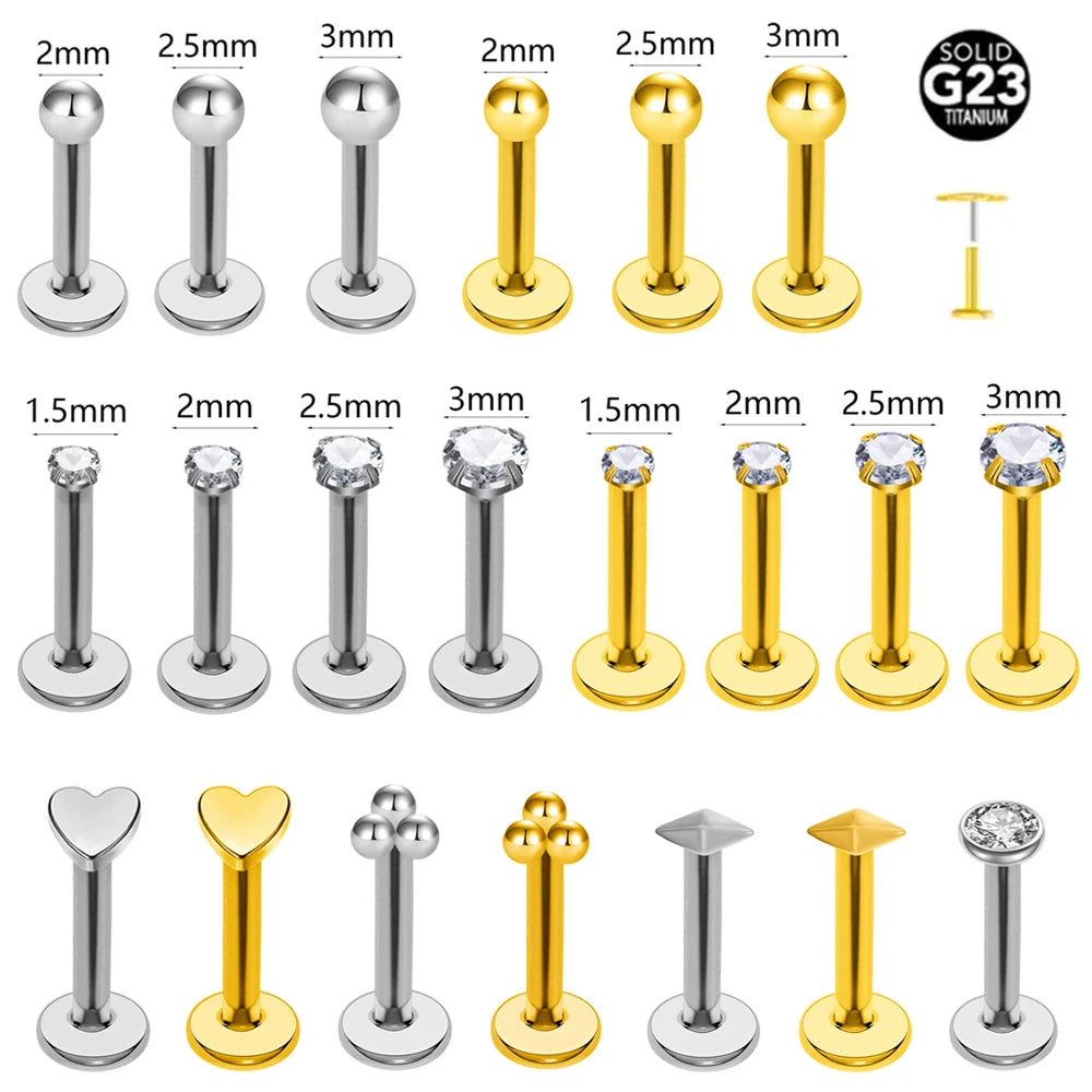 ASTM F136 G23 Titanio Pendiente de Trago con Bola Piercing sin Rosca Corazón Zirconia Cúbica Pin Daith Conch Labret de Presión