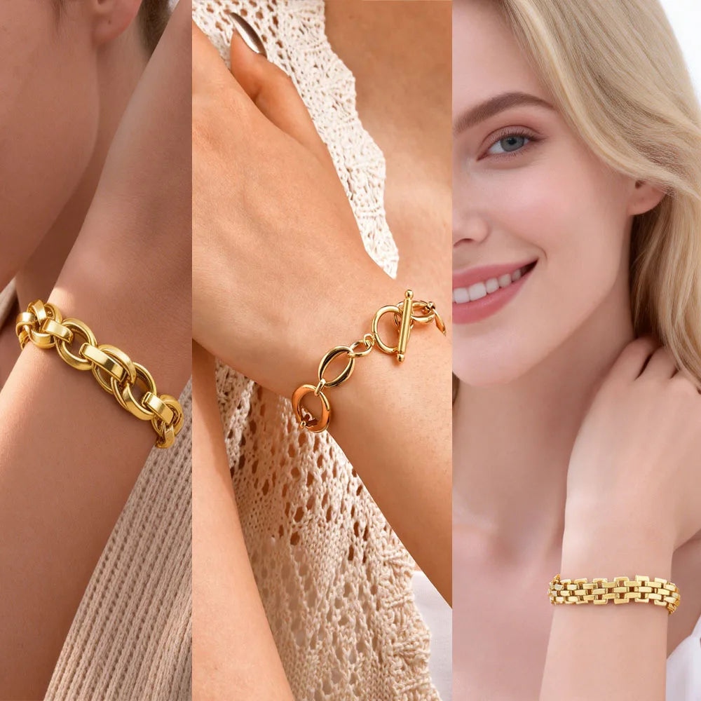 Massive klobige Toggle-Armbänder für Damen, Edelstahl OT-Verschluss-Gliederkettenarmband, vergoldet, anlaufgeschützt