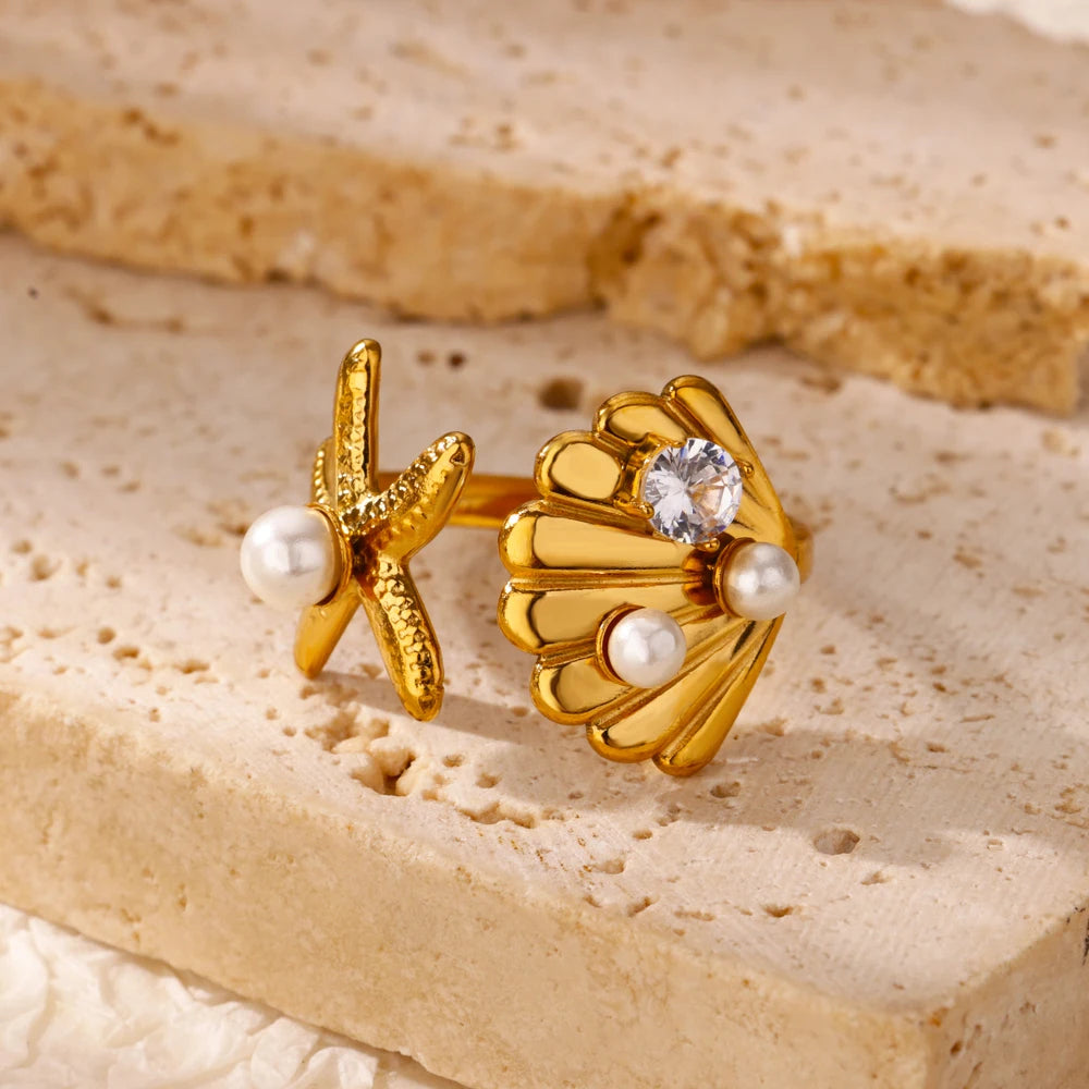 2025 Anillos de agua dulce de acero inoxidable con perlas, estrellas de mar y conchas para mujer, de color dorado, estilo punk vintage, joyería impermeable para la playa