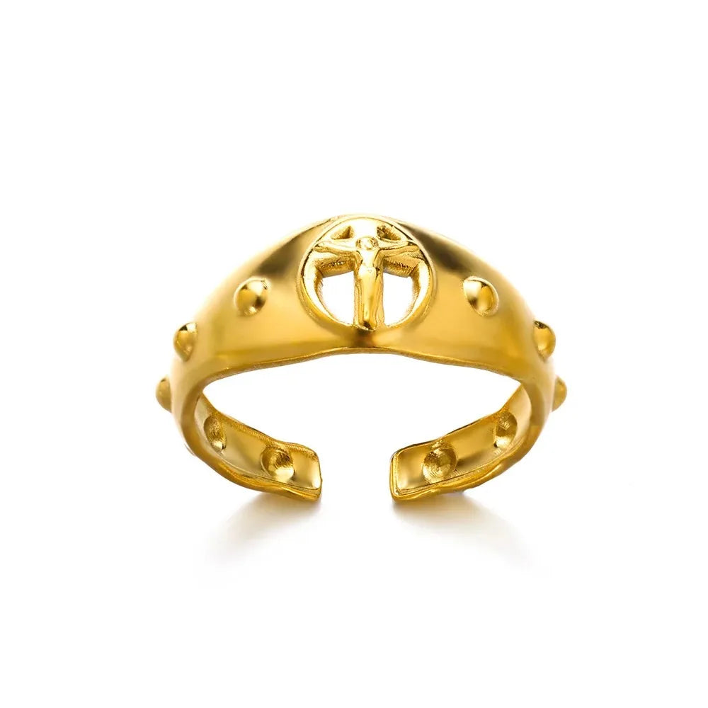 Vintage Jesus Kreuzringe für Damen Herren Goldfarbe Edelstahl Jesus Kreuz Verstellbarer Ring Religiöser Party Schmuck Geschenk
