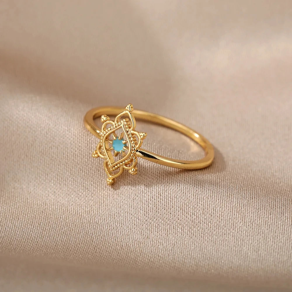 Edelstahl Lotusblumenring für Frauen, goldfarben, Vintage-Stein, Opal, ovaler Blumenring, modischer ästhetischer Schmuck, Geschenk
