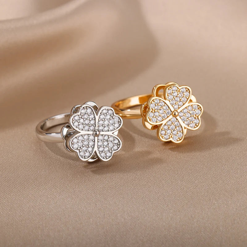 Zirkon Drehbare Vierblättrige Kleeblatt Angst-Ringe für Damen Edelstahl Anti-Stress Fidget Spinner Ring Ästhetischer Schmuck Geschenk