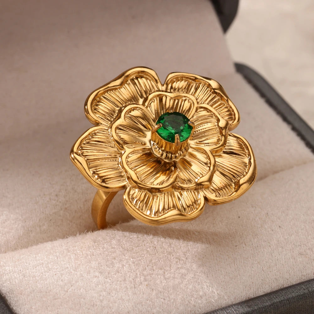 Grüne Zirkonia Herzringe für Damen, Vintage Goldfarben, Edelstahl, offener Ring, modischer ästhetischer Schmuck, Hochzeitsgeschenk