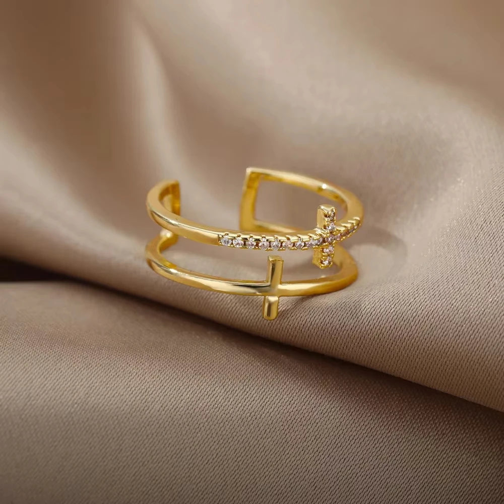 Luxus Zirkon Geometrische Ringe für Frauen Edelstahl Gold Farbe Offener Ring Trendige Hochzeit Party Ästhetischer Schmuck Geschenk Femme
