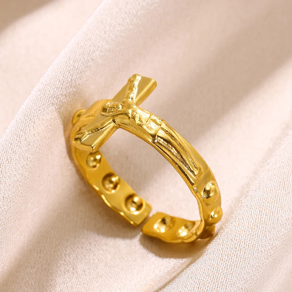 Vintage Jesus Kreuzringe für Damen Herren Goldfarbe Edelstahl Jesus Kreuz Verstellbarer Ring Religiöser Party Schmuck Geschenk