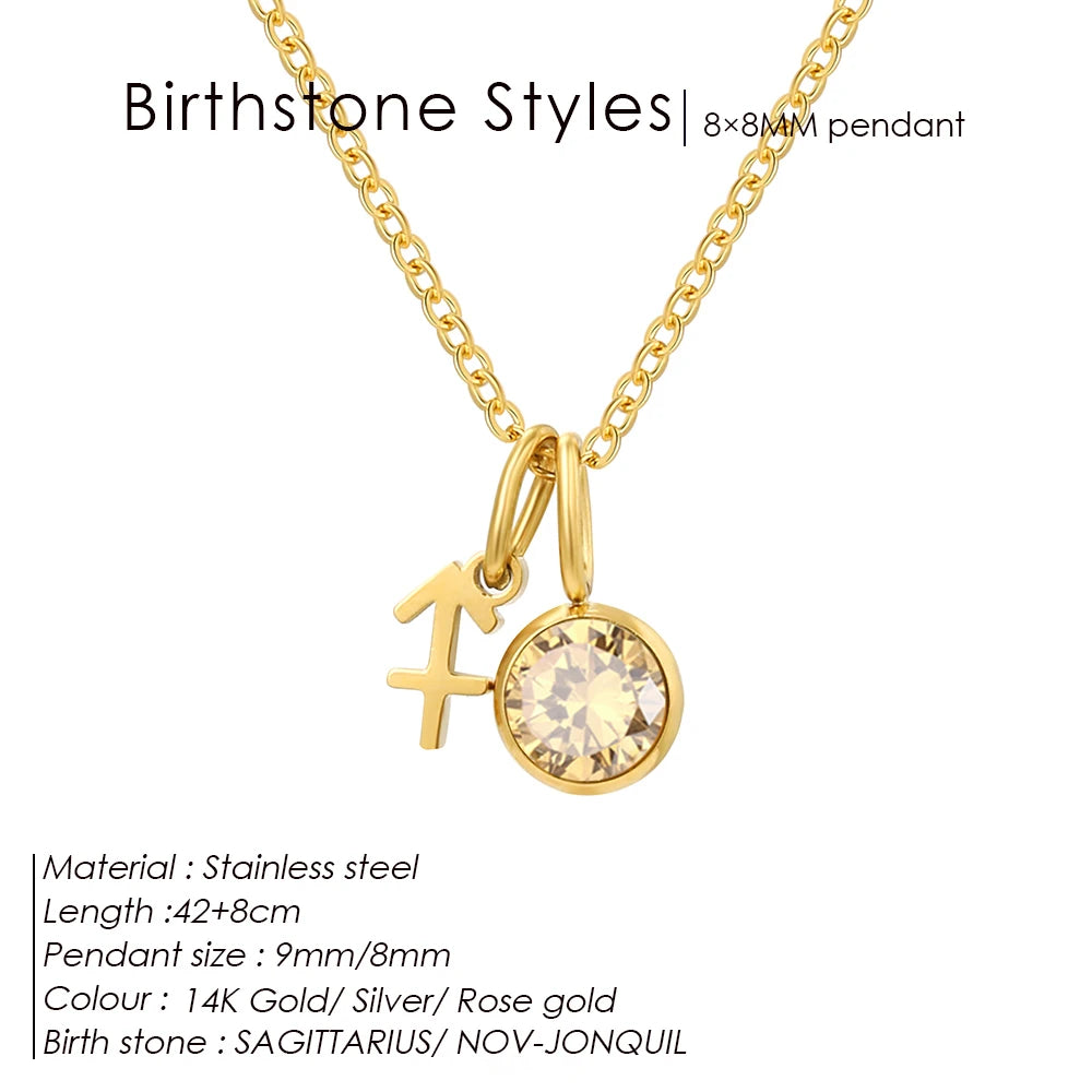 SUNIBI Stainless Steel Birthstone Zodiac Double Pendant Necklace for Woman12 Constellation Birthday Gift DIY Jewelry Wholesale