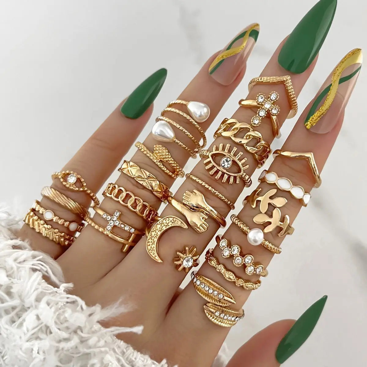 Mode Einfache Welle Gelenkringe Set für Frauen Kristall Herz Form Gold Silber Farbe Ring Weiblicher Party Schmuck