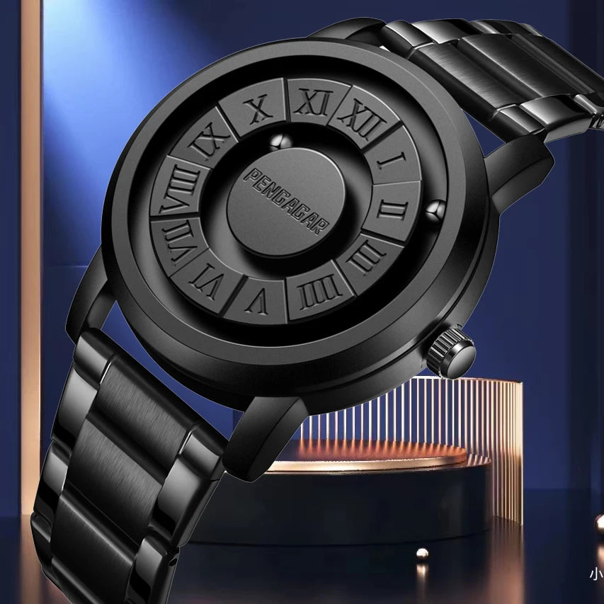Relojes de hombre PENGAGAR, reloj de cuarzo de acero inoxidable, puntero de desplazamiento creativo, reloj de pulsera con fuerza magnética, Relogio Masculino + caja