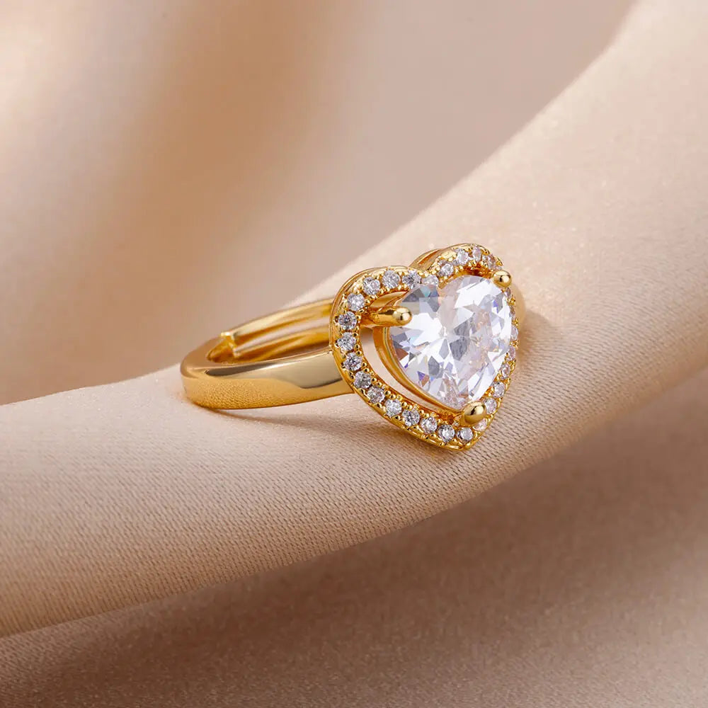 Edelstahl Herzringe für Frauen Zirkon Goldfarbe Herz Verstellbarer Ring Weiblich Hochzeit Party Accessoires Schmuck Geschenk 2024