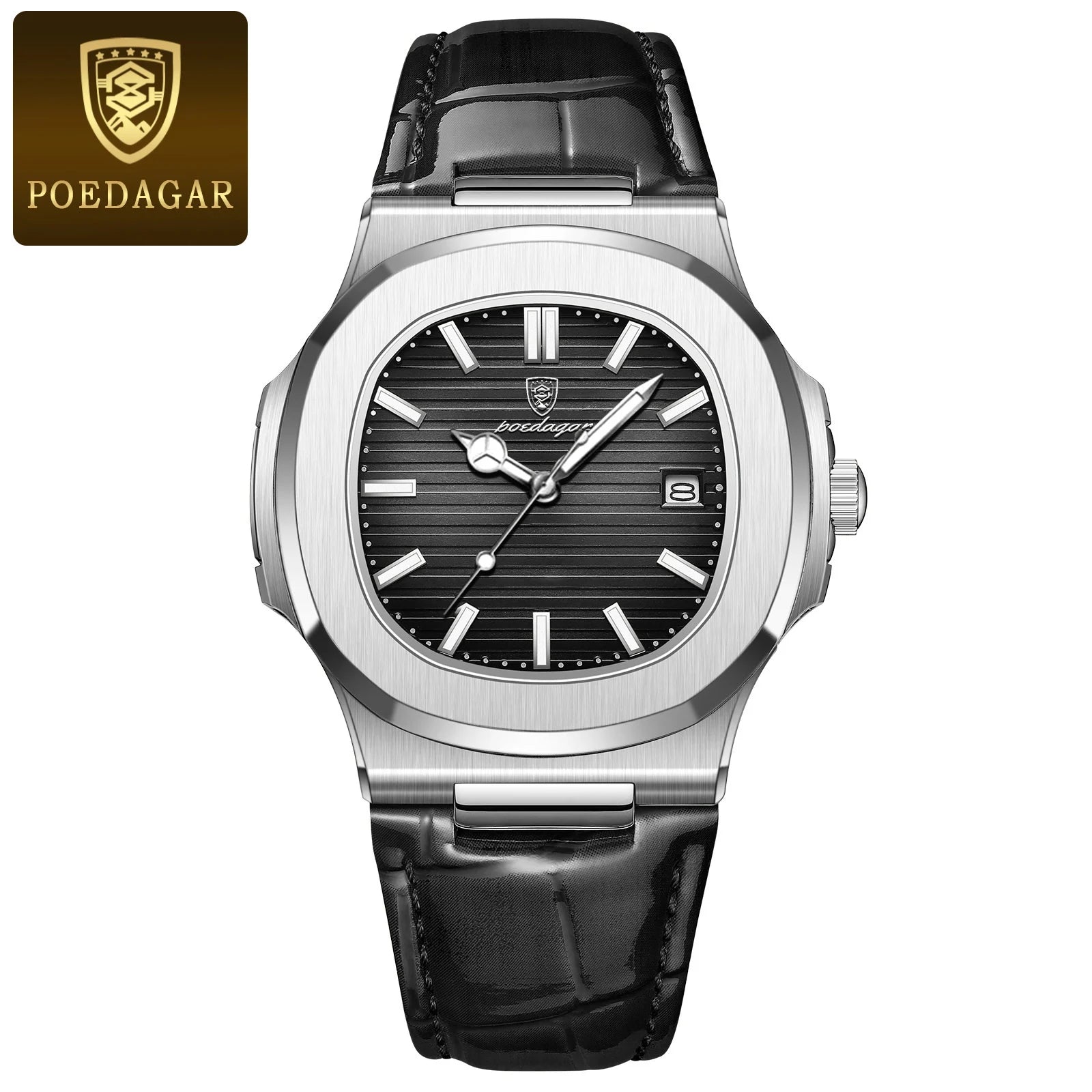 POEDAGAR Reloj de Cuarzo de Cuero para Hombre, a la Moda, Cuadrado, Impermeable, Luminoso, con Fecha, de Negocios, Casual, Reloj de Pulsera para Hombre