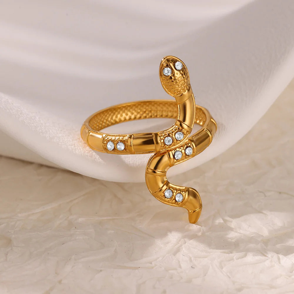 Zirkon-Schlangenringe für Damen und Herren Edelstahl Goldfarben Offener verstellbarer Ring Vintage Gothic Ästhetik Schmuck anillos mujer