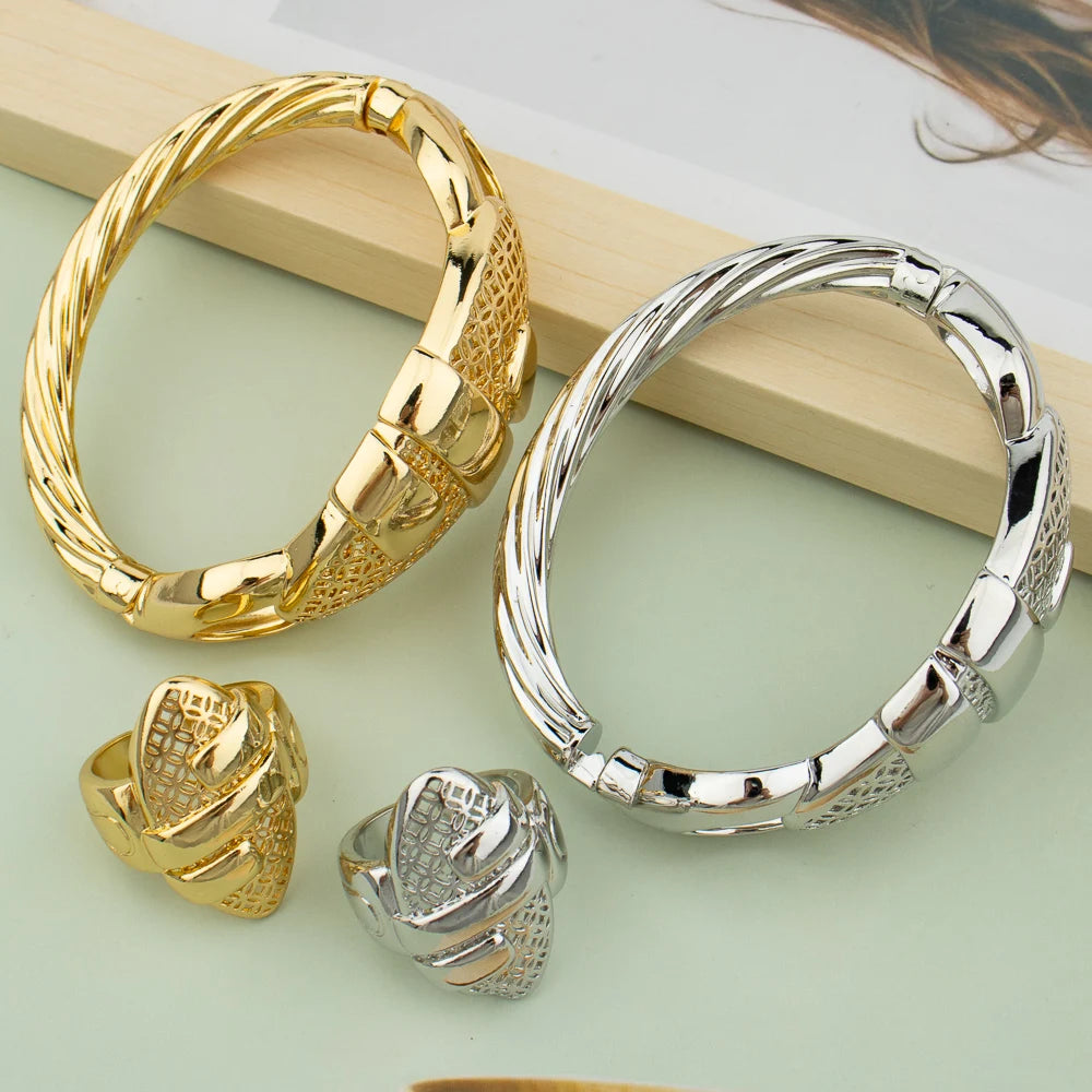 Armreif mit Ring für Frauen 18K vergoldetes Armband Schmuck Nigerianische Hochzeitsfeier Geschenk Dubai hohles Design Armband