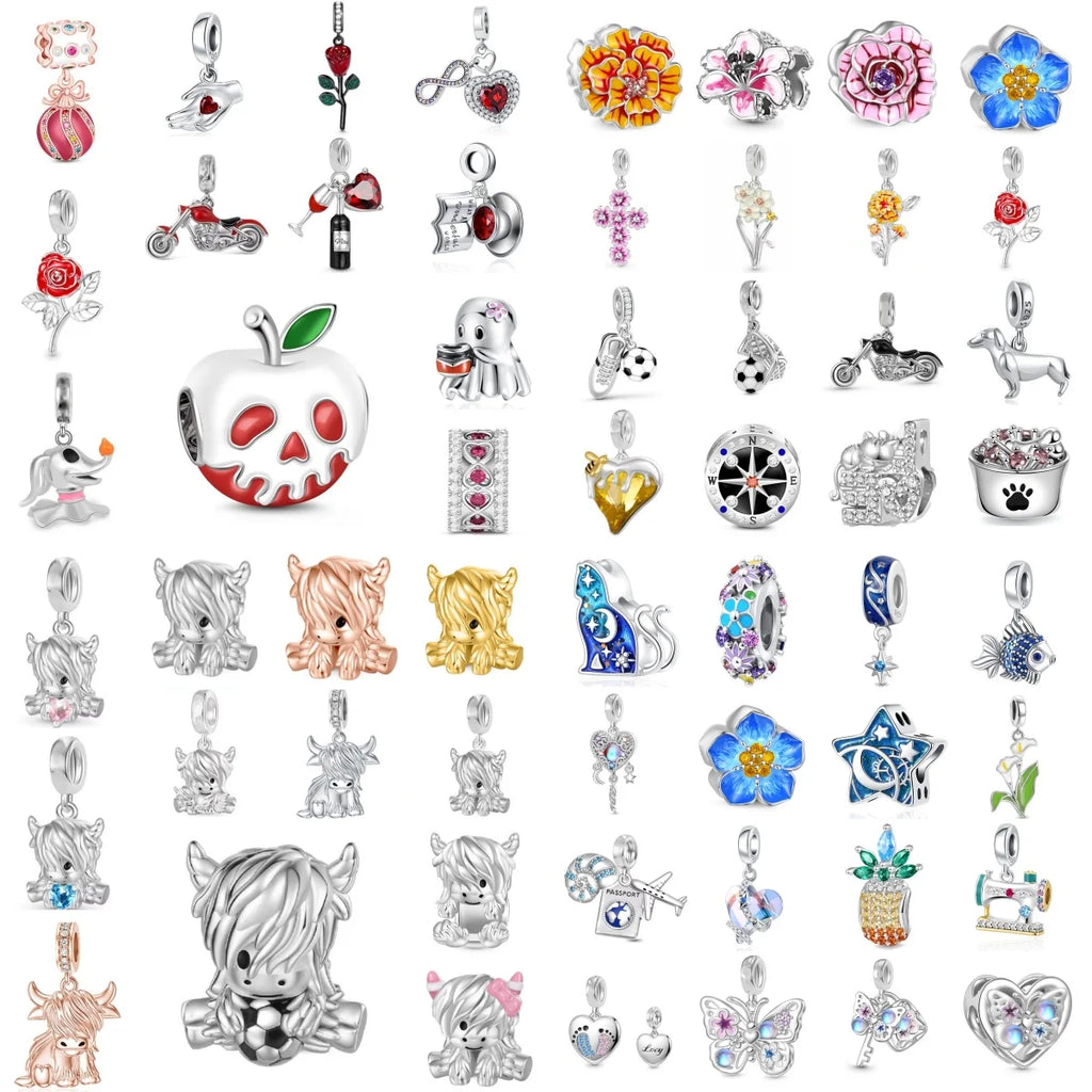 2026 925 Silber Blume, Schmetterling, Highland-Kuh, Motorrad-Anhänger passend für europäisches Original-Armband DIY Schmuck Exquisiter Schmuck