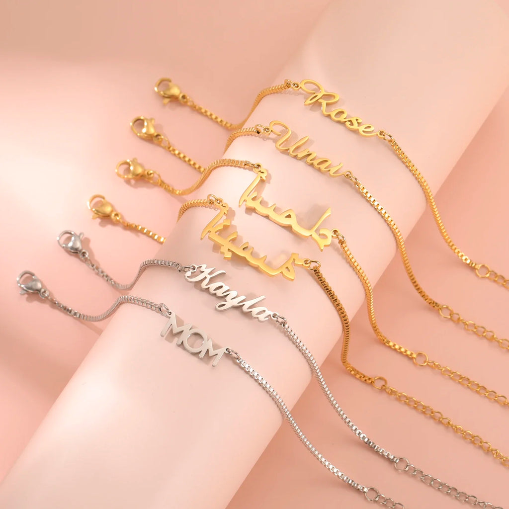 Women Girls Personalized Name Bracelet Stainless Steel Box Chain Letter Customized Charm Bracelets Unique Custom Jewelry Gift