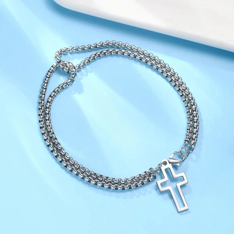 1x Armband Edelstahl Dicke Kette Kreuz Hohler Kreuzanhänger Doppelarmband Persönlichkeit Nische Hochwertiger Handschmuck