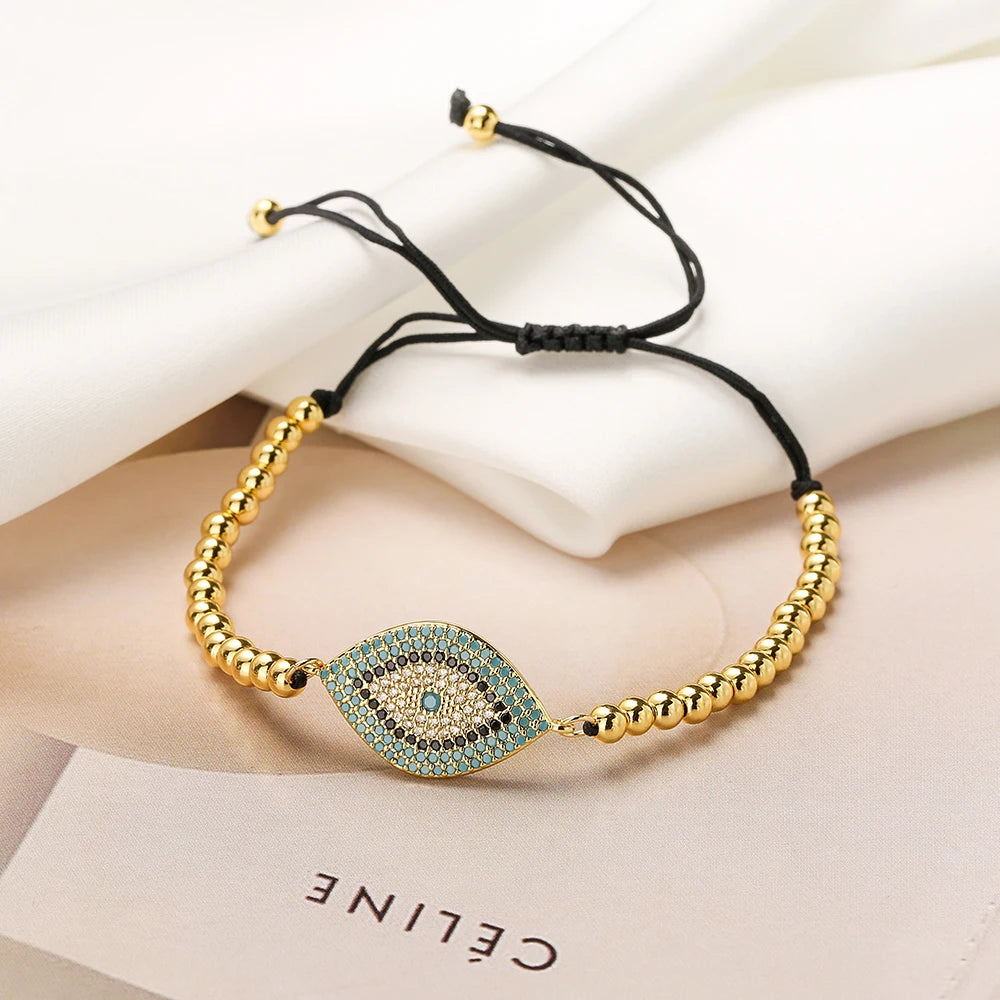 NEWBUY 2023 Mode Handgemachte schwarze Seilperlenkette Armband Verstellbar AAA Zirkonia Böser Blick Charm Armbänder für Frauen Mädchen