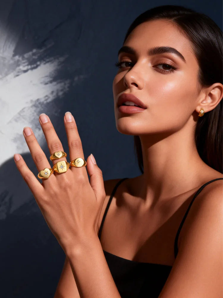 Anillo meñique de sello con sol de acero inoxidable, anillo con incrustaciones de circonita cúbica, chapado en oro, joyería de moda que no se deslustra