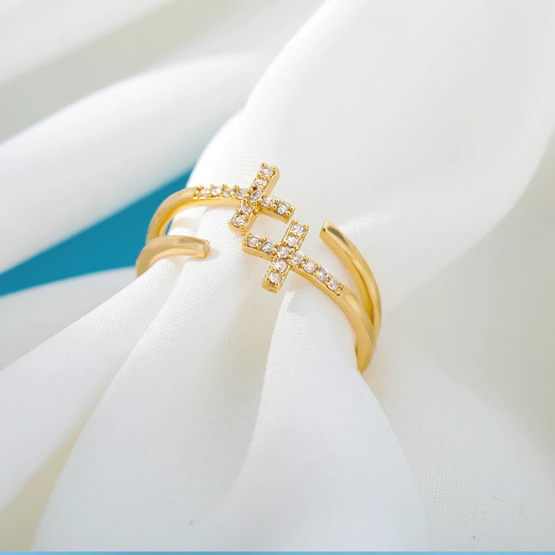 Zirkon-Doppelkreuzringe für Damen, Edelstahl, goldfarben, glänzender Öffnungsring, neues luxuriöses Mode-Hochzeits-Schmuckgeschenk, Bague