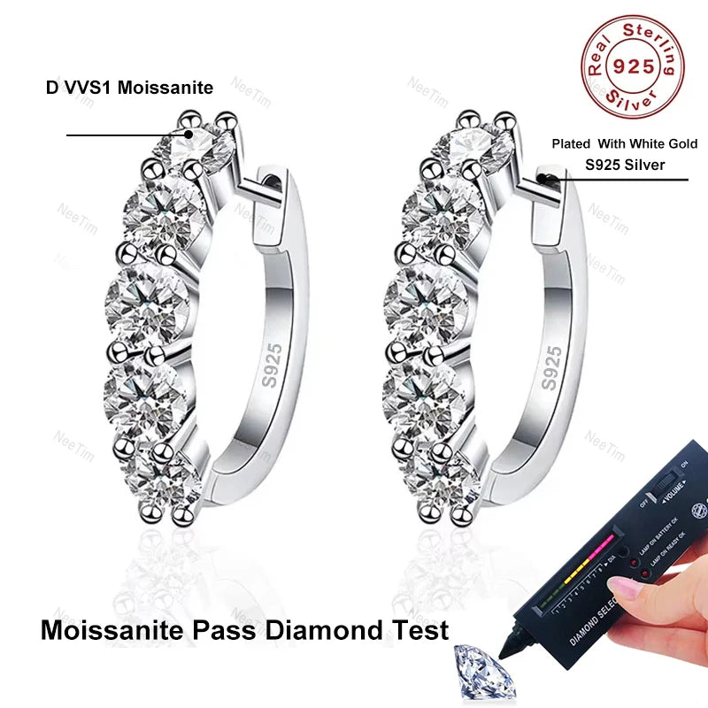 NeeTim 3mm D Color Moissanit Ohrringe 925 Sterling Silber Plattiert Weißgold Creolen für Frauen Hochzeit Party Edler Schmuck