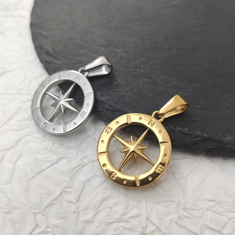 Collar con dije de brújula y estrella del norte de acero inoxidable bañado en oro de 18 quilates, hiphop, impermeable, joyería para hombre, regalo