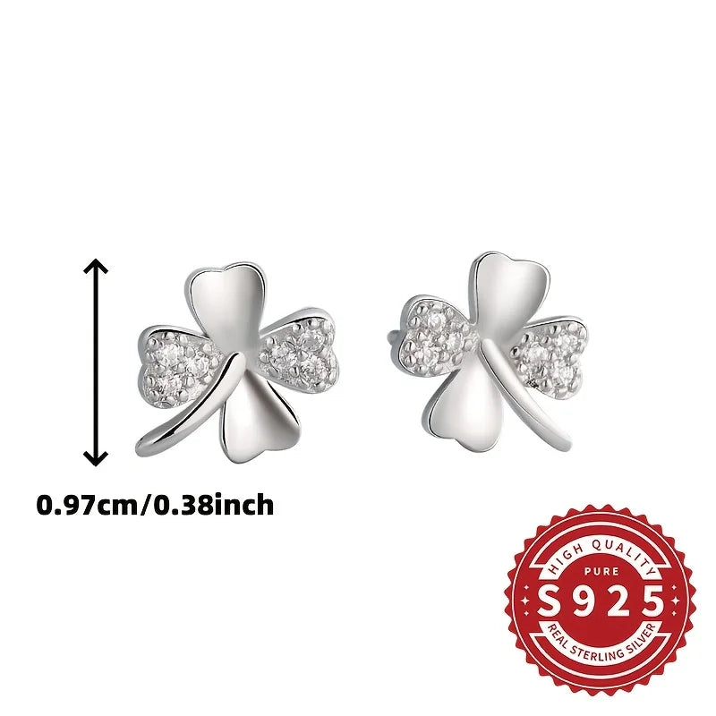 Paar glänzende Damen-Ohrringe mit vierblättrigem Kleeblatt, 925er Silber, klassisches schlichtes Design, elegant, niedlich, vielseitig für den Alltag, Geschenk