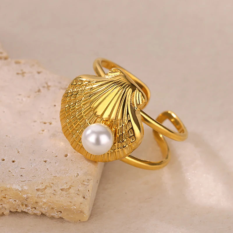 Edelstahl Blumenringe für Frauen Goldfarbe Muschel Seestern Mehrschichtiger Aushöhlungsring Modeschmuck Hochzeitsgeschenke
