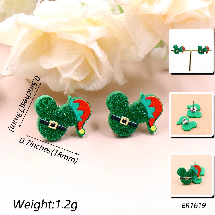 Custom Santa Hats Tree Mouse Head Turkey Glitter Acrylic Christmas Stud Earrings Stainless Steel Jewelry Wholesale