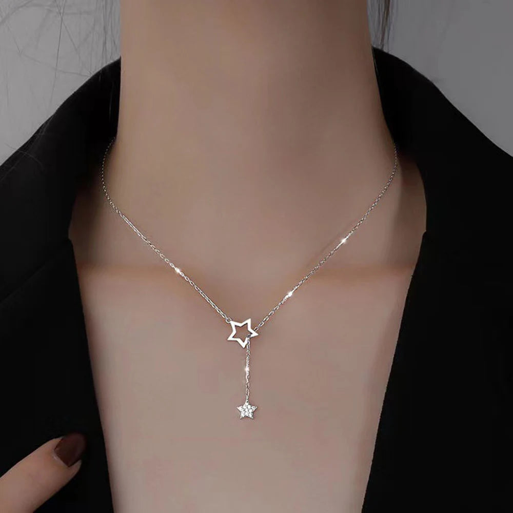 Regalo de Navidad 925 Plata de Ley Linda Estrella Brillante Gargantilla Colgante Collar Encantadora Mujer Boda Fiesta Cumpleaños Joyería