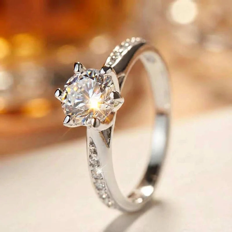 Luxus 925 Sterling Silber Klassischer Ring für Damen Sechs-Krallen-Schmuck Einfacher Imitations-Diamant Damenring Verlobung Hochzeitsgeschenk