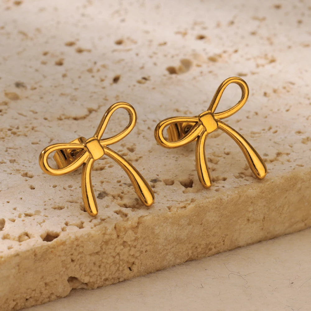 Edelstahl dünne Schleife Ohrringe für Frauen Goldfarbe Ästhetische Ohrringe Hochzeit Weihnachten Mode Schmuck Zubehör