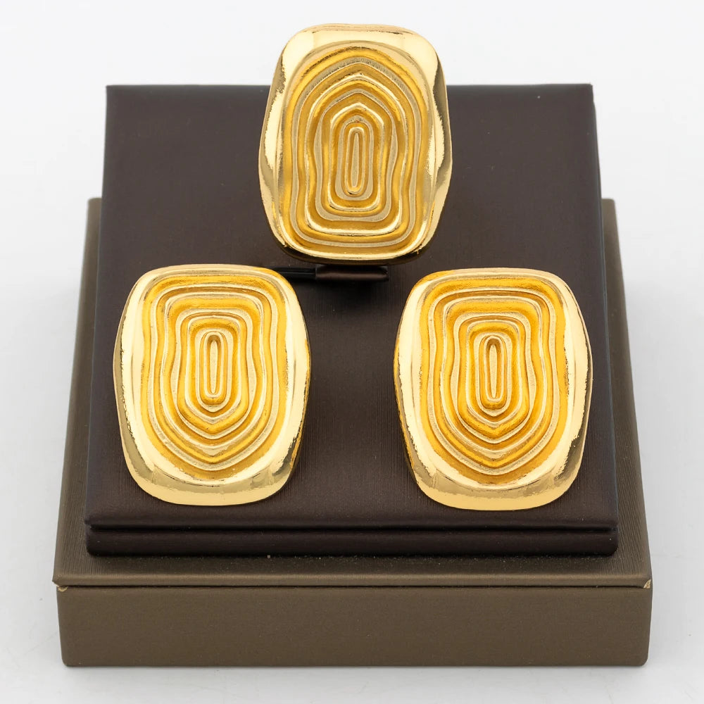 Neues Design Ohrringe Schmuckset für Frauen Mode 18K vergoldeter Kupfer verstellbarer Ring und Ohrringe für Dubai Retro Schmuck